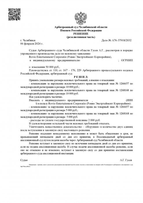 Нарушение исключительных прав на товарные знаки Angry Berds